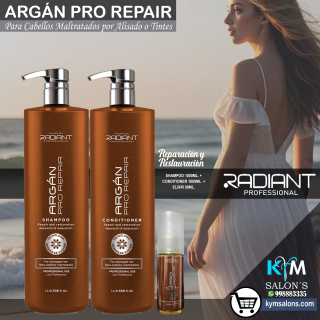 Radiant Argán Pro Repair Kit: Shampoo 1000ml. + Conditioner 1000ml. + Elixir 50ml. Cabellos Maltratados CodRadProre