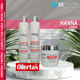 Kit Biotina & Keratina Shampoo 400ml. + Conditioner 400ml. + Máscara 400gr. Hanna Caball CodHannbio