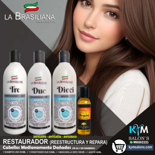 COMBO: 1 SHAMPOO TRE 500ML. + 1 CONDITIONER DUE 500ML. + 1 MÁSCARA DIECI 500GR. + ARGÁN 60ML. LA BRASILIANA CodLaBrasSDT