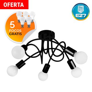 Combo Colgante Nudo Máx.40W E27 5 Luces 55cm Negro + Focos 10W