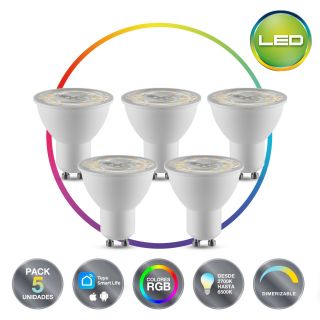 Pack X5 Bombillos Smart 5W GU10 -3 Tonos: Luz cálida- día-fría- RGB