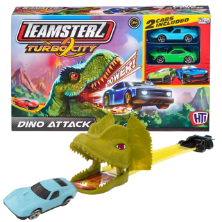 Juguete Pista De Autos Teamsterz Ataque Dinosaurio + 2 Autos de Metal