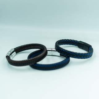 Pulsera de colores Trenzada y broche (cuero negro, azul, Marron Oscuro y mostaza)