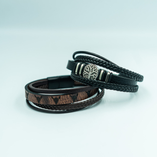 Pulsera Triple Diseño de cuero (arbol de la vida, Cuero negro trenza)