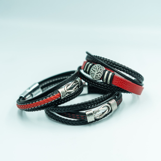 Pulsera Cuero Triple Diseño Trenzado (Arbol de la Vida, Cuero lazo rojo y cuero lazo negro)