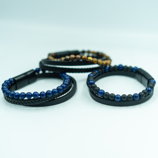 Pulsera triple con Broche (Onyx, Tigre, Piedra Lazuri, cruz y Piedra Volcanica)