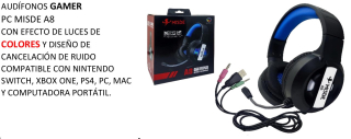 AUDÍFONOS GAMER PC MISDE A8 CON EFECTO DE LUCES DE COLORES Y DISEÑO DE CANCELACIÓN DE RUIDO COMPATIBLE CON NINTENDO