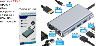 ADAPTADOR 7 EN 1 TIPO C A VGA + LAN (RJ-45) + 3 X USB 3.0 + HDMI 4K + PD (TIPO C 3.0 )