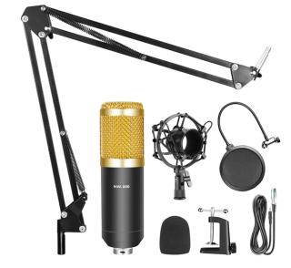 KIT BM800/BK - MICRÓFONO JACK 2.5 MM CONDENSADOR PROFESIONAL BM-800 +BRAZO DORADO + ANTIPOP