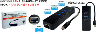 ADAPTADOR 4 EN 1 (HUB USB + ETHERNET) TIPO C A LAN (RJ-45) + 3 USB 3.0