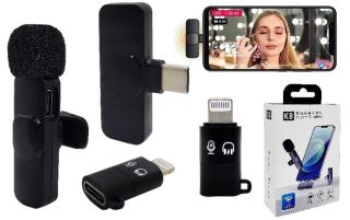 MICRÓFONO INALÁMBRICO SOLAPERO PARA SMARTPHONE ENTRADA TIPO C CON ADAPTADOR ENTRADA PARA IPHONE