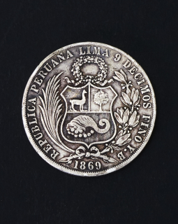 Moneda de plata Perú Un sol 9 decimos 1869