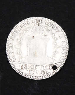 Medalla plata Bolivia 2 soles La Rotonda Virgen del Carmen, 1852