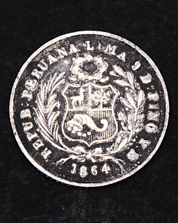 Moneda de plata Perú 1/2 dino 9 decimos 1864 Y.B