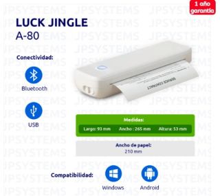 Impresora portátil térmica A4 USB + Bluetooth luck jingle A80