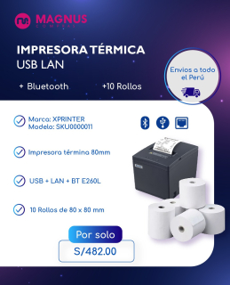 Impresora ticketera térmica USB LAN Bluetooth 80mm + 10 rollos 80x80x13mm