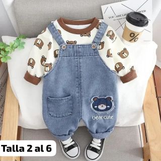 CONJUNTO OVEROL UNISEX JEANS OSITO BEAR CUTE  POLERA OSITO MARRON Codigo 100368