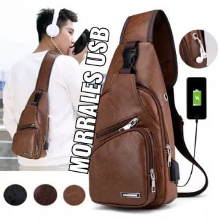 Bolso morral de pecho  con cable Usb bandolera de cuero PU importado codigo 100326