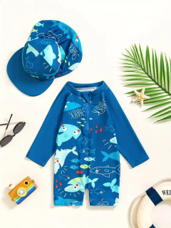 Traje de baño de una pieza para niños modelo tiburon azul codigo  100321TA