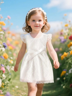 VESTIDO BLANCO CON ENCAJE Y FORRO , LAZO EN LA CINTURA   CODIGO 100512