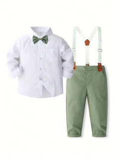 Conjunto de Camisa con Solapa y Corbata para Niños + Pantalón Liso, Ideal para Primavera/Otoño 100335