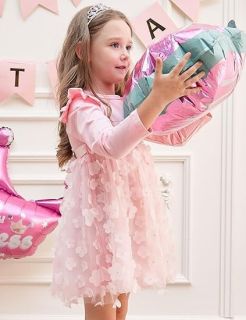 VESTIDO ROSA MANGA LARGA TULL CON DETALLES FLORES CODIGO 100479