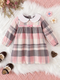 Vestido Casual de Manga Larga a Cuadros ROSA GRIS CODIGO 100232RG