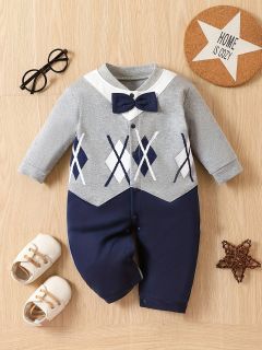 ENTERIZO BEBE ELEGANTE  PANTALON AZUL POLO GRIS DETALLE DE ROMBO AZUL Y BLANCO CODIGO P034M9