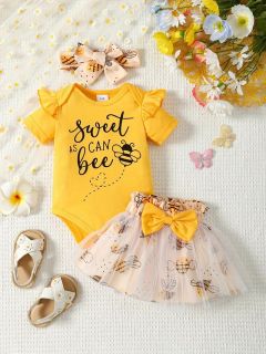 Conjunto  3 Piezas para Bebés Niñas  Abeja Body Amarillo de Manga Corta  CODIGO 100499