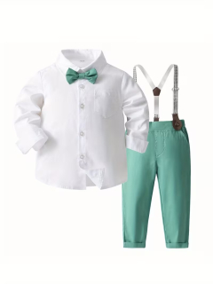 Conjunto de Camisa con Solapa y Corbata para Niños + Pantalón Liso, Ideal para Primavera/Otoño 100335