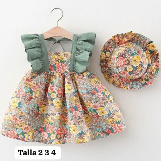 Vestido verde floral con sombrero  código 100073