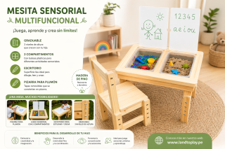 Mesa sensorial infantil con silla y pizarra (regulable)
