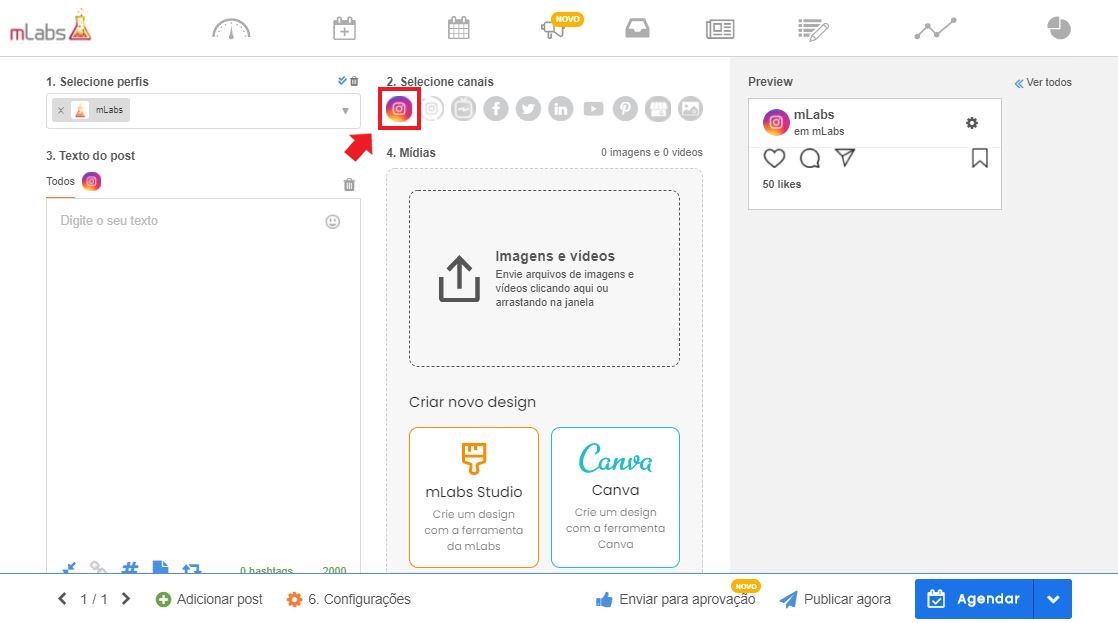 como programar postagens no instagram: imagem da tela de agendamento da mLabs indicando onde selecionar os canais