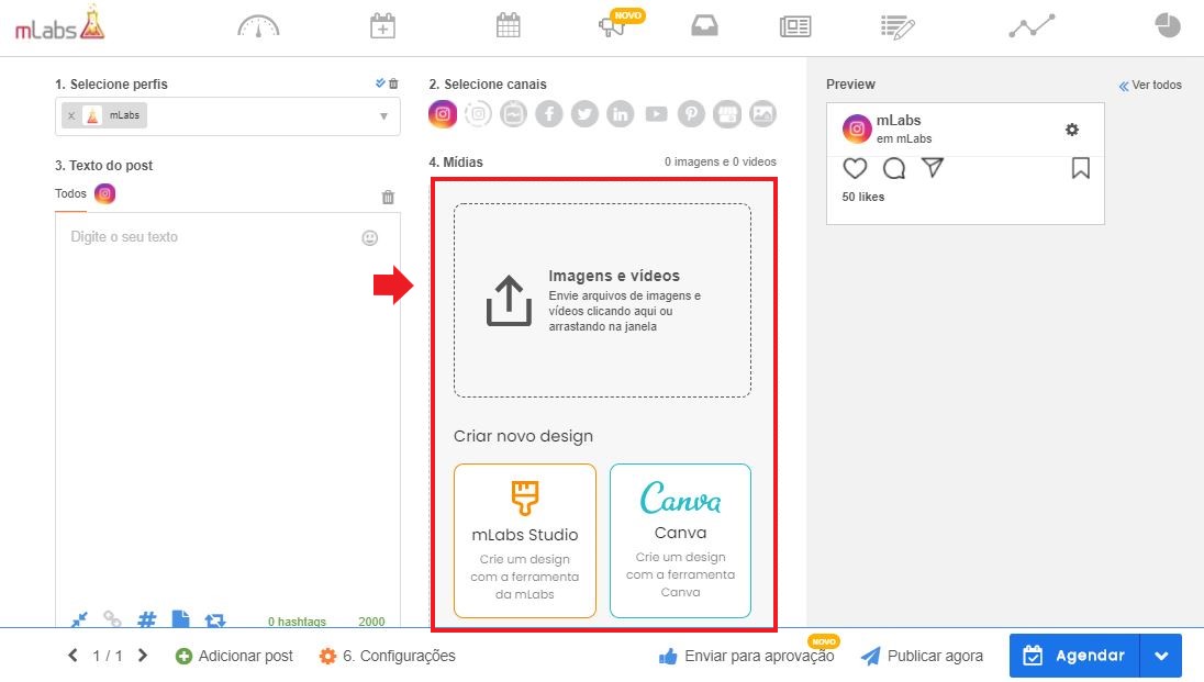 como programar postagens no instagram: imagem da tela da mLabs indicando onde selecionar as ferramentas mLabs Studio, Canva e onde fazer o upload da imagem pronta