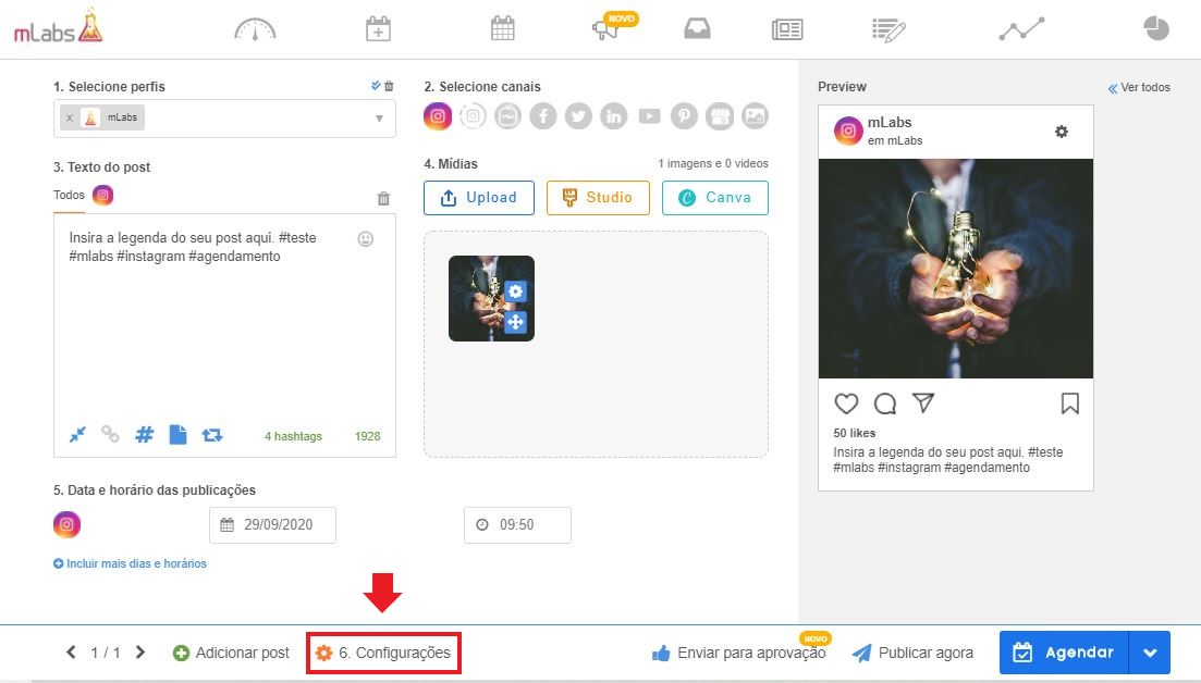como programar postagens no instagram: imagem da tela da mLabs indicando onde se encontra o botão configurações