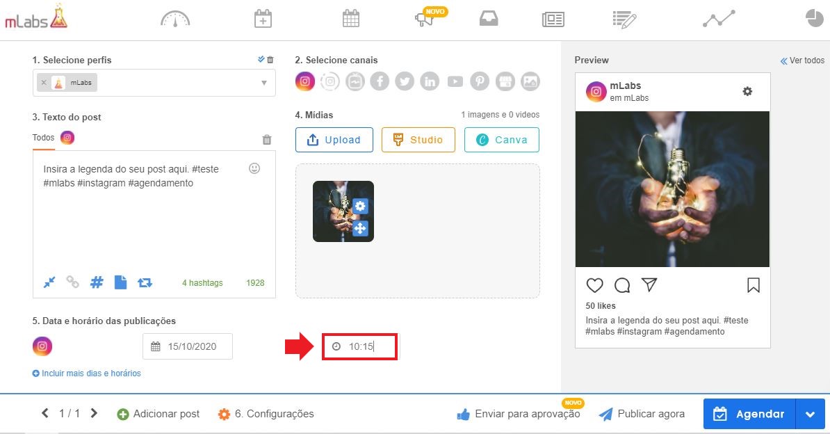 como programar postagens no instagram: imagem da tela de agendamento indicando onde se localiza a opção de escolha da hora