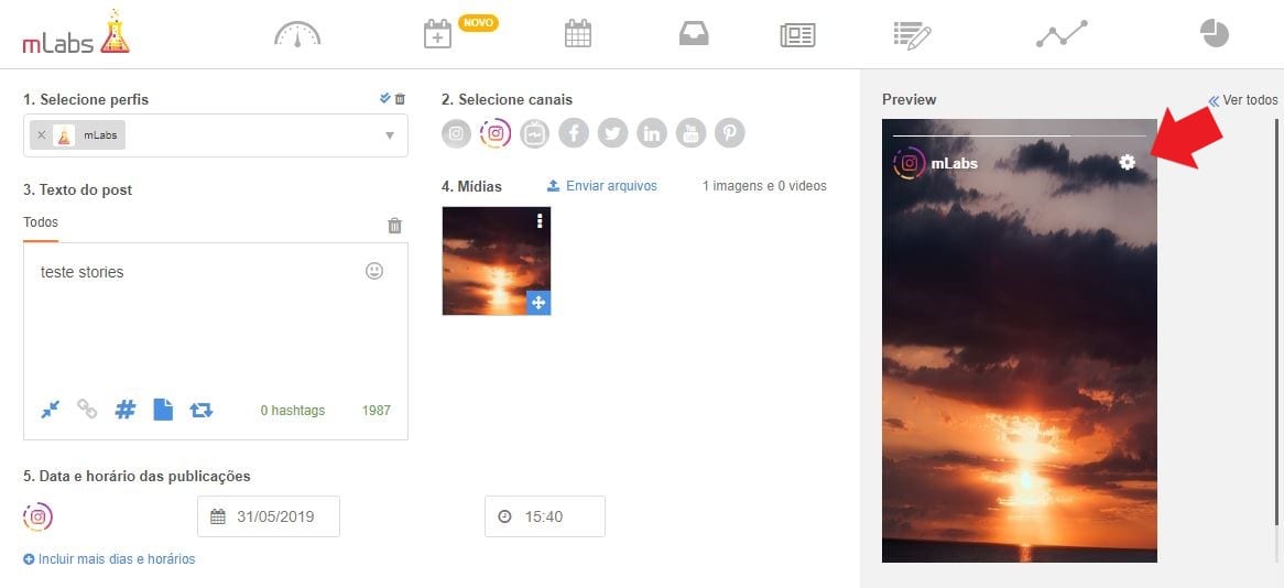 Colocar Link no Instagram pela mLabs: imagem da tela de agendamento da ferramenta mLabs.