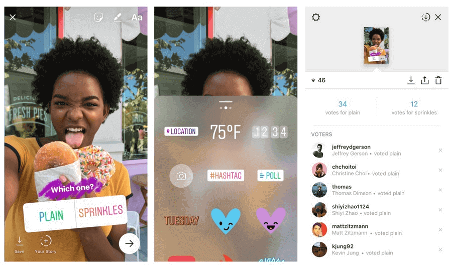 gerenciamento de redes sociais: imagem de três telas do Instagram mostrando como adicionar enquetes nos Stories