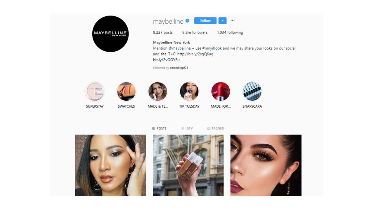 Destaques Instagram Mabelline: Imagem do perfil da Mabelline no Instagram.