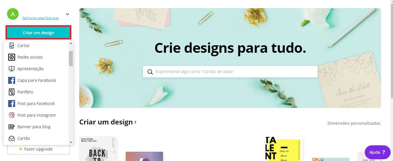 Canva online: imagem da tela crie um design.