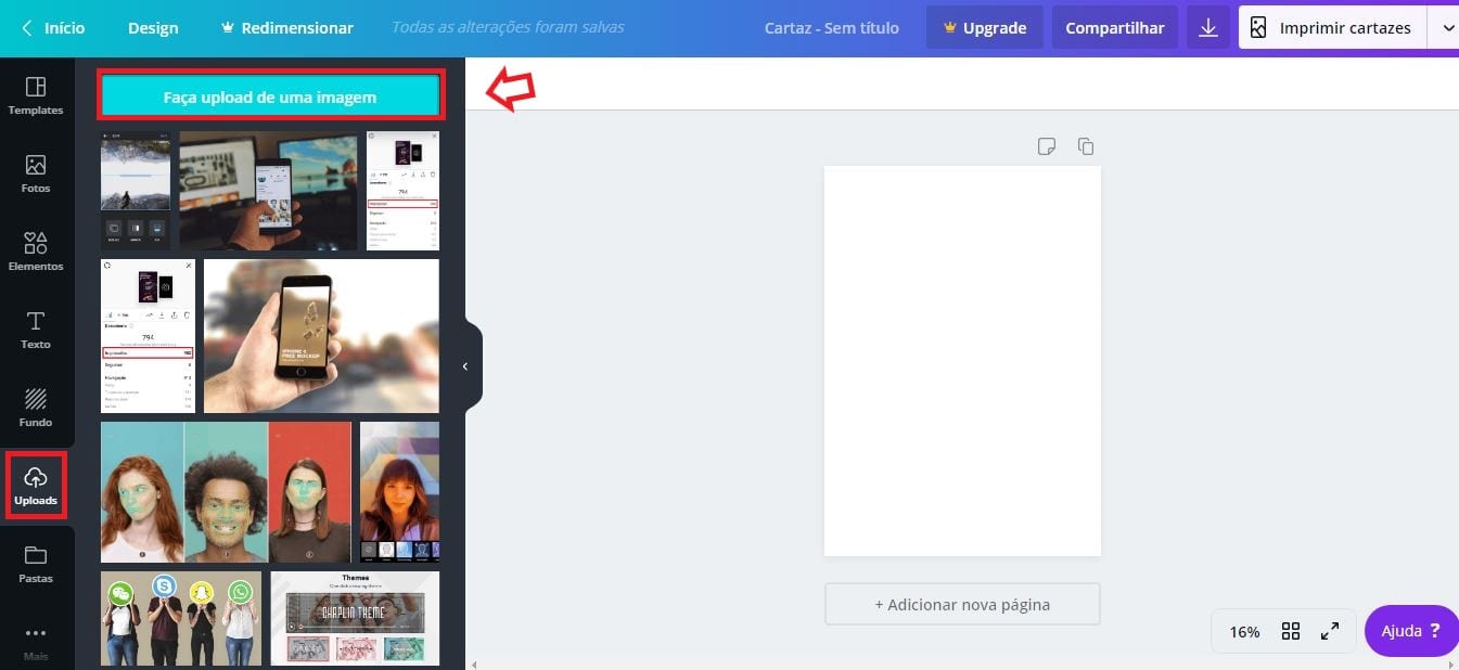 Canva online: imagem da tela de upload.