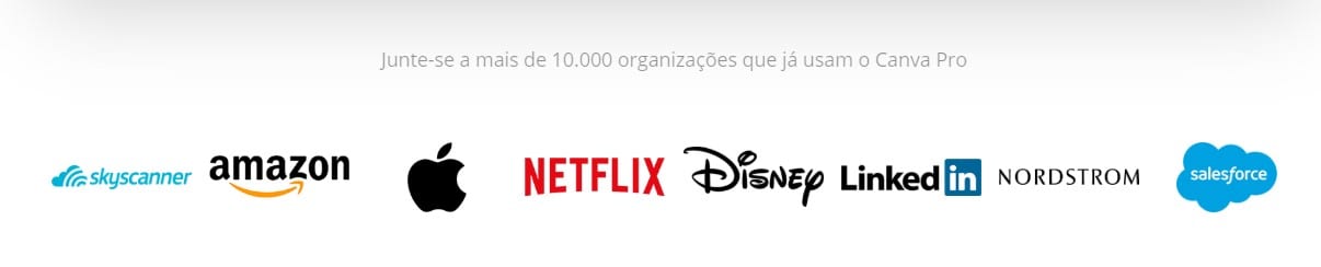 Canva online: imagem do logo das marcas Skycanner, Amazon, Apple, Netflix, Disney, LinkedIn, Nordstrom, Salesforce