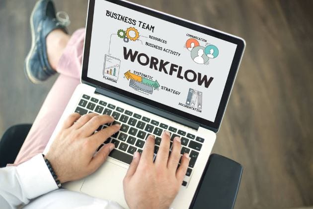Workflow para mídias sociais: imagem de uma pessoa com o notebook no colo navegando no workflow.