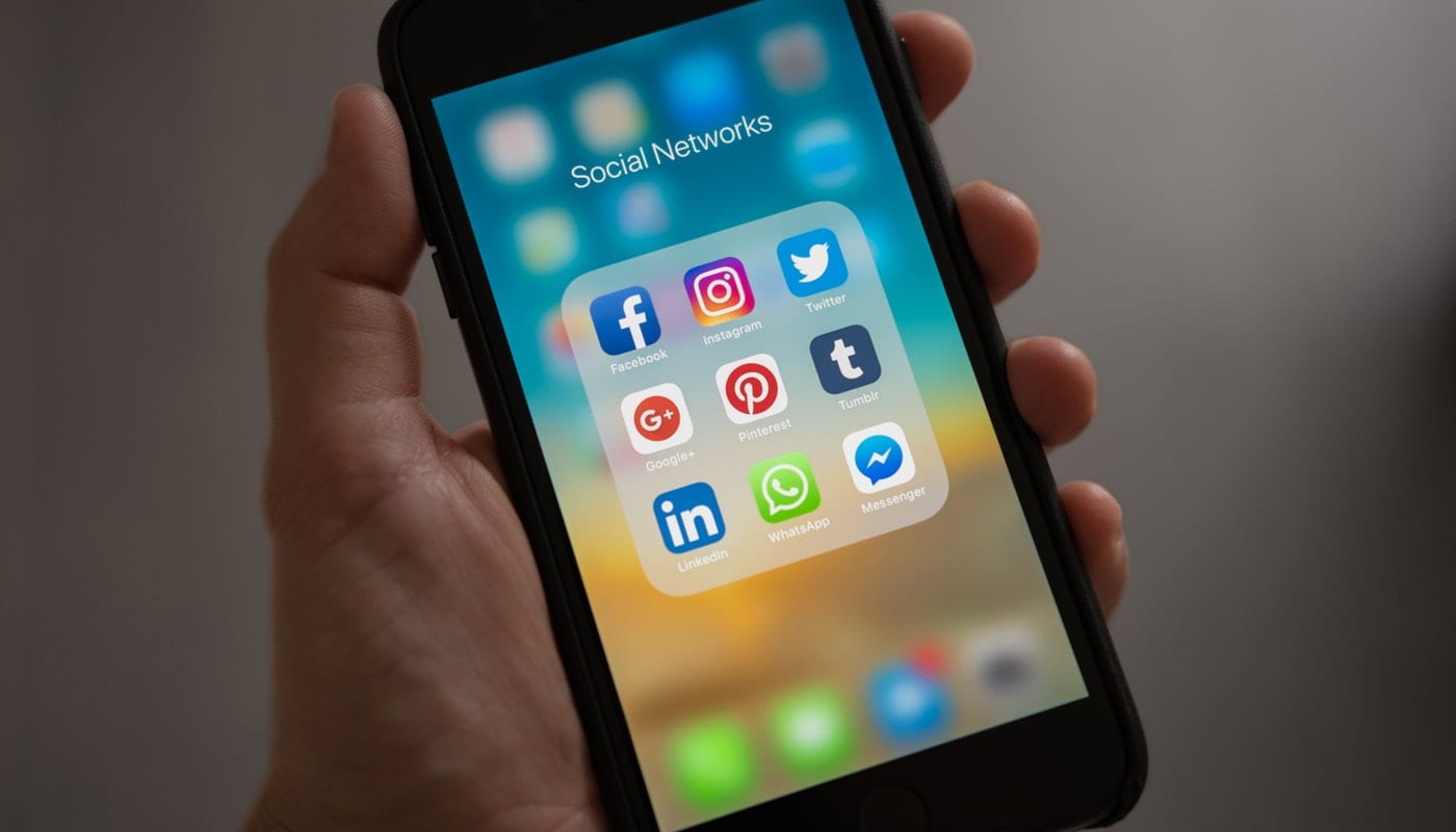 Canal de atendimento: imagem de uma mão segurando um iphone com a tela das redes sociais aberta.