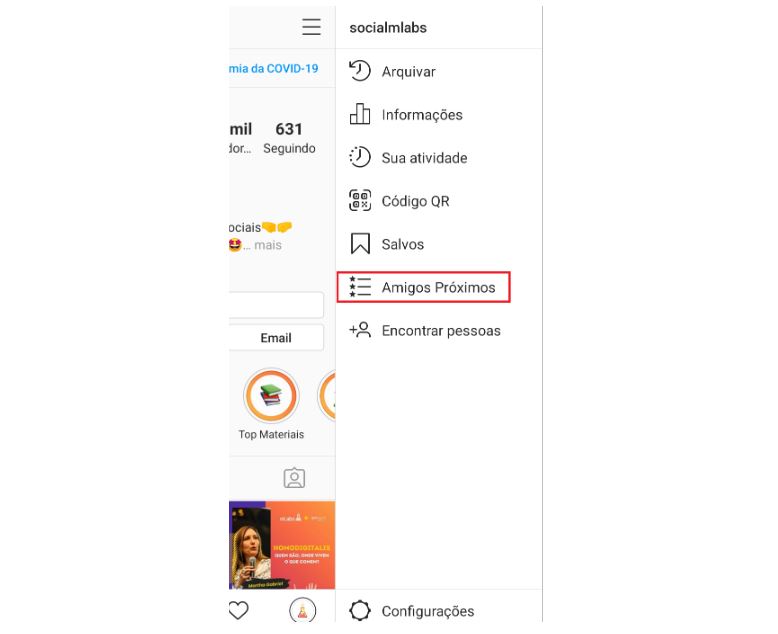 Close Friends: imagem da tela do Instagram indicando onde se localiza o recurso Close Friends