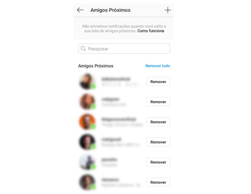 Close Friends: imagem da tela do Instagram apresentando a lista selecionada de amigos no recurso close friends
