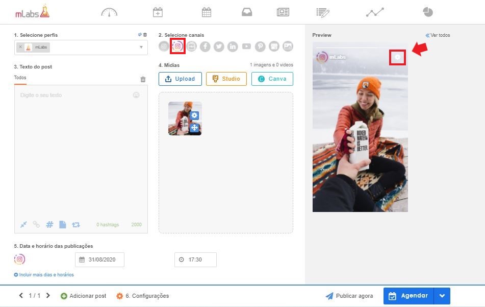 Close Friends: imagem da tela da mLabs mostrando onde clicar para escolher o canal e onde fica o botão de configurações
