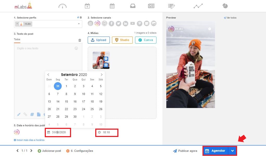 Close Friends: imagem da tela da mLabs mostrando onde ficam os botões de data, hora e agendamento de post
