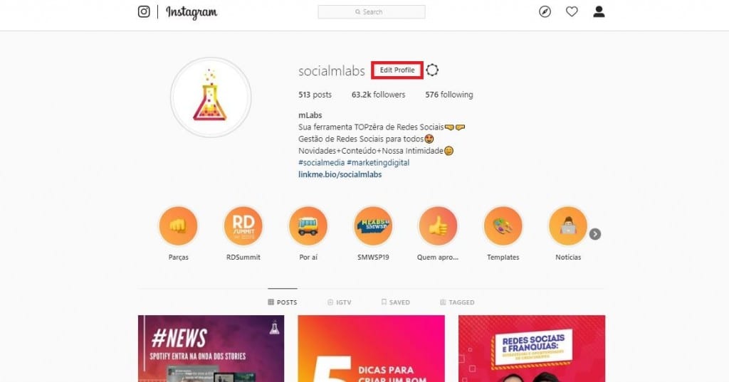 Link na Bio: imagem da página de perfil do Instagram