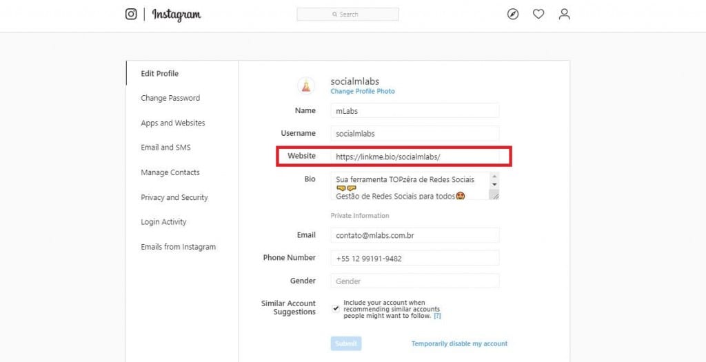 Link na Bio: imagem da página de perfil do Instagram